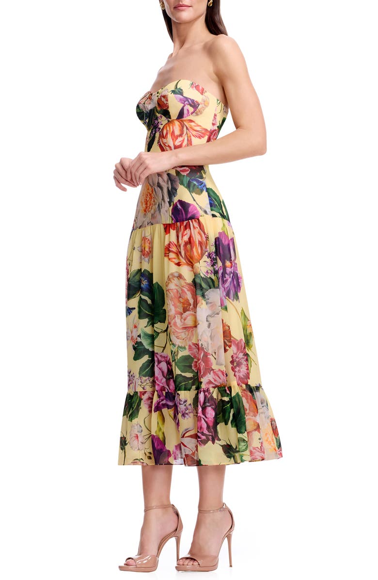 Dress the Population Prescott Floral Strapless Cocktail Midi Dress, Alternate, color, Golden Floral Multi