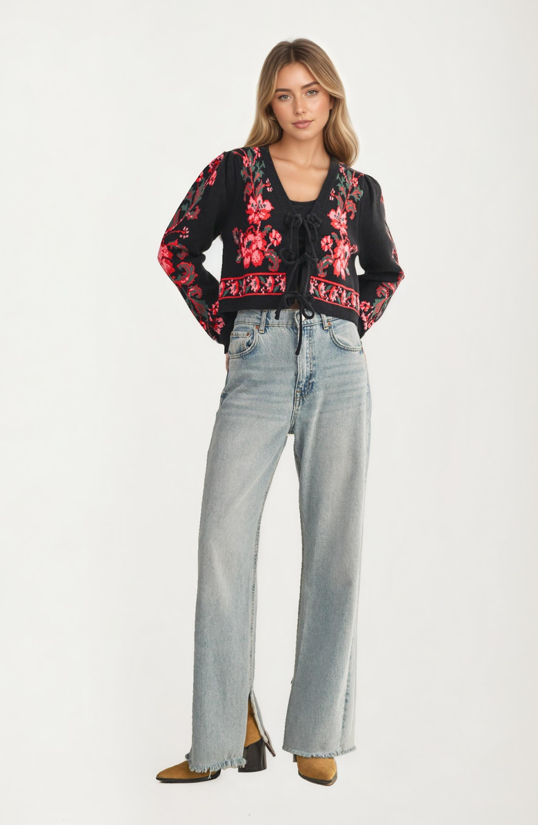 Knit and Lounge Floral Knit Tie-Front Puff-Sleeve Cardigan, Alternate, color, Black Floral