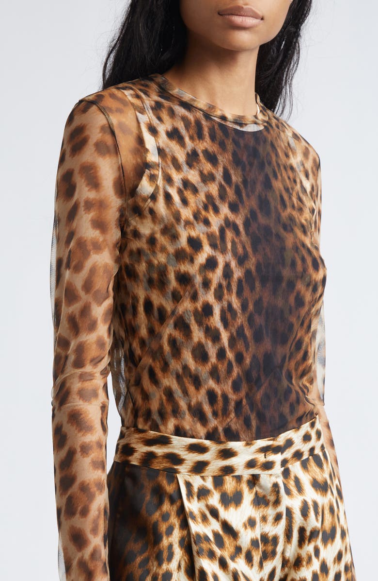 SPORTMAX Ebu Leopart Print Layered Mesh Top, Alternate, color, Beige Shaded