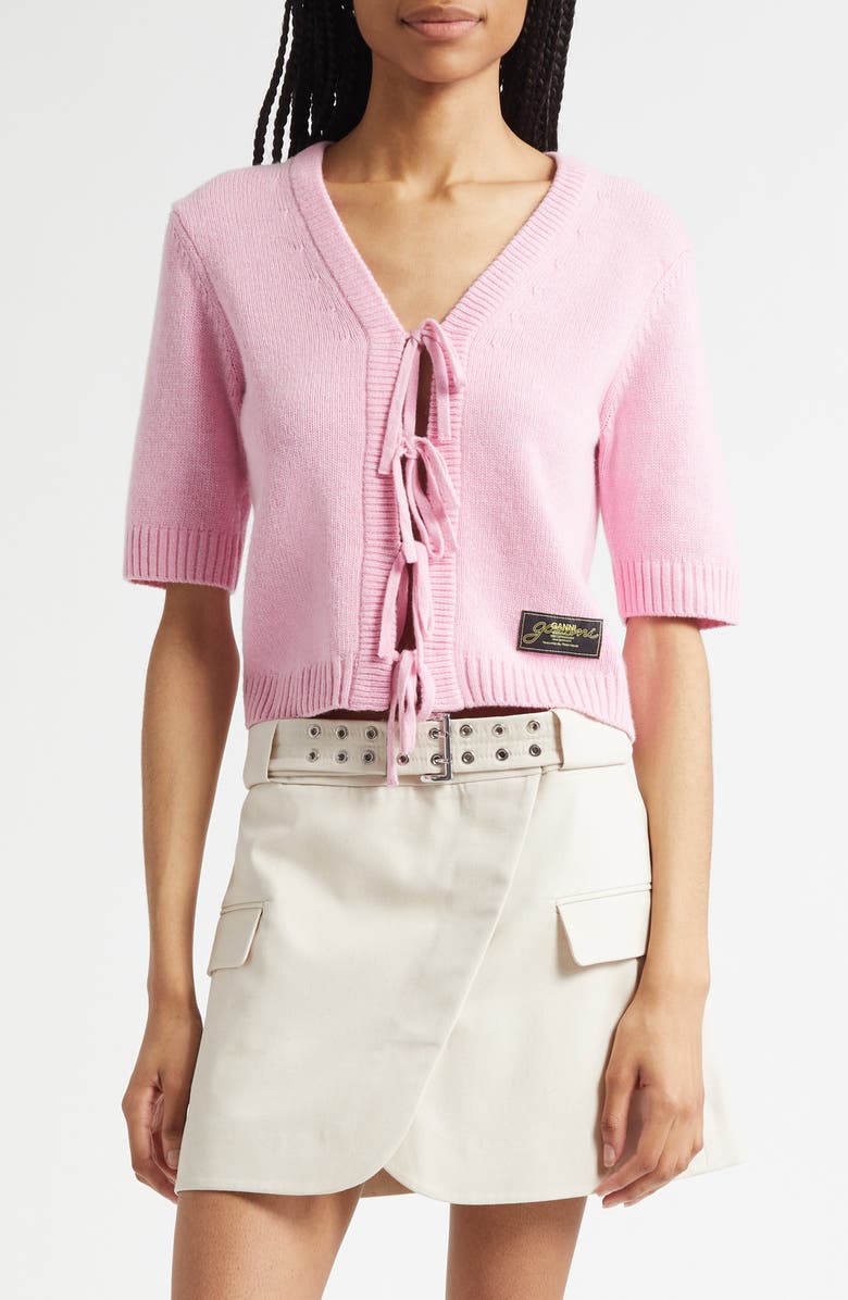Ganni Tie Front Wool Blend Cardigan, Main, color, Primrose Pink