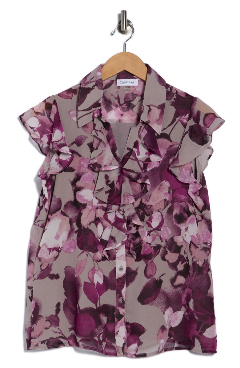 Calvin Klein Ruffle Front Cap Sleeve Top, Alternate, color, Aubergine Multi