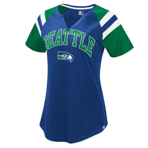Starter Royal Seattle Seahawks Game On Notch Neck Raglan T-shirt In Blue