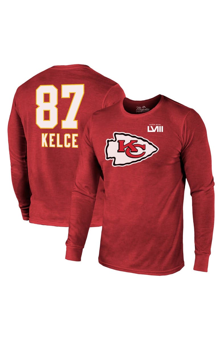 Majestic Threads Men's Majestic Threads Travis Kelce Red Kansas City Chiefs Super Bowl LVIII Name & Number Tri-Blend Long Sleeve T-Shirt, Main, color, 