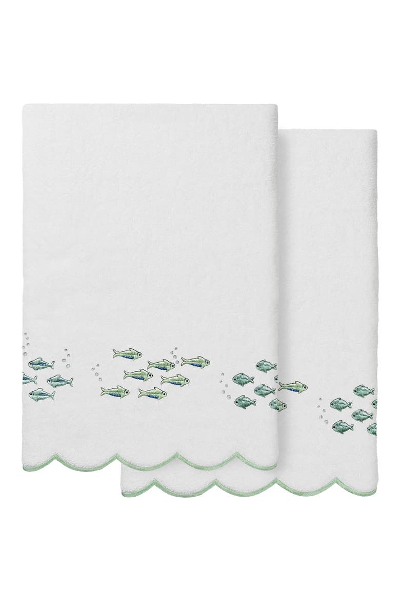 Fish School Scallop 2-Piece Bath Towel Set, Main, color, WHITE/ GREEN