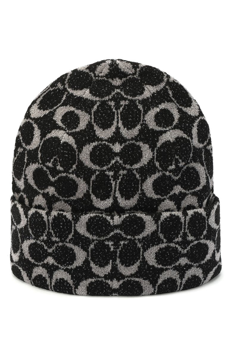 COACH Metallic Signature Knit Beanie, Alternate, color, Black