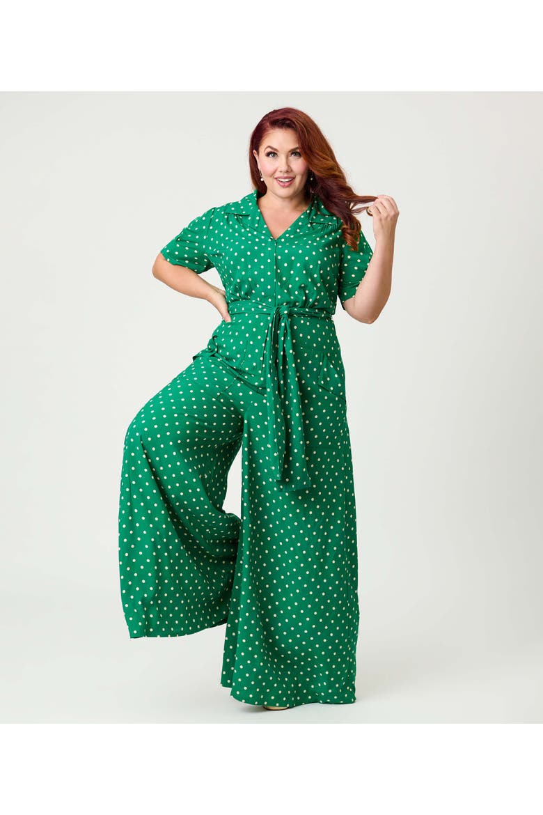Plus Size 1940s Flare Leg Jumpsuit, Alternate, color, Green & White Dot