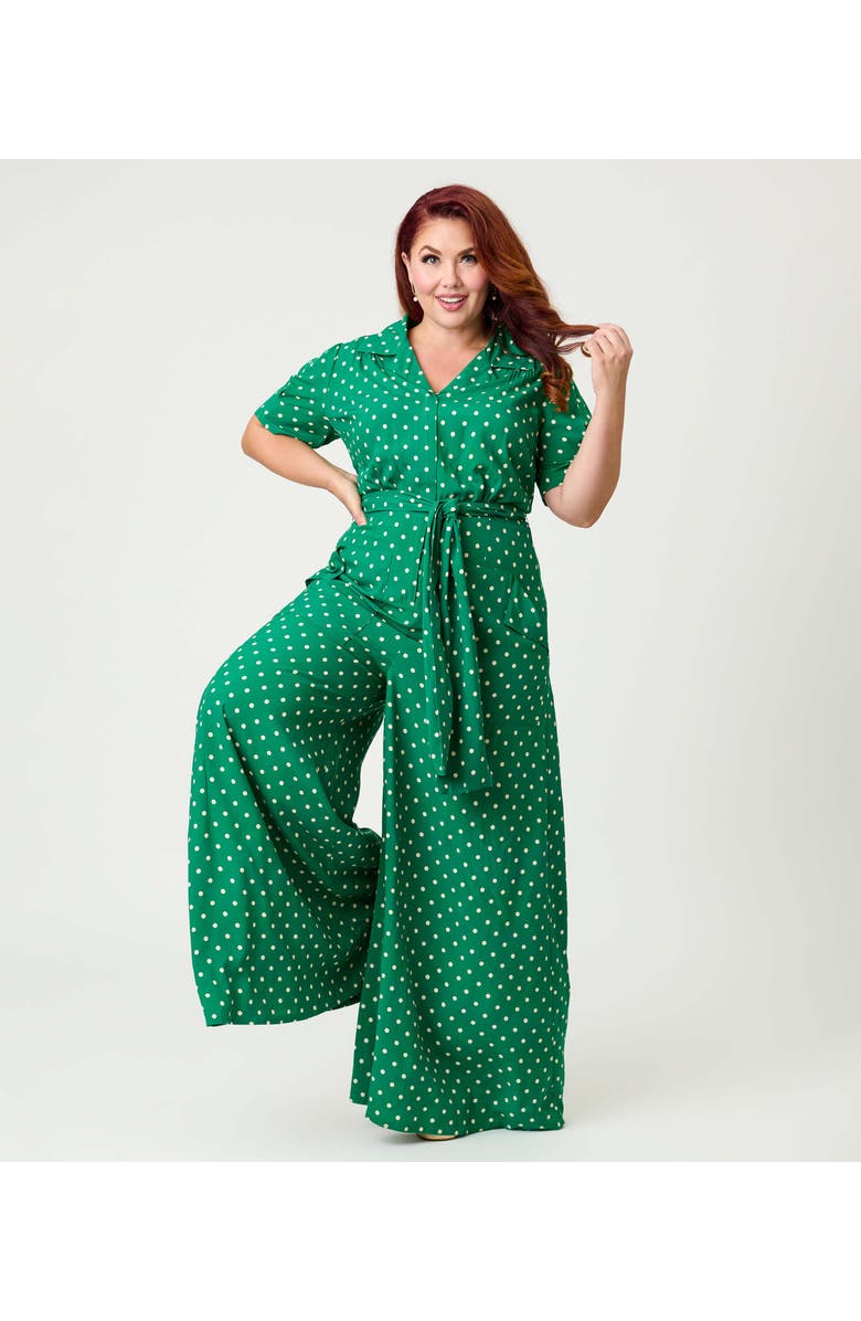 Unique Vintage Plus Size 1940s Flare Leg Jumpsuit, Alternate, color, Green 
White Dot