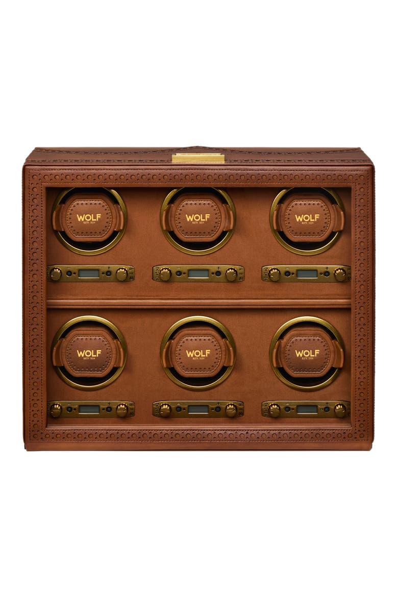 Brogue 6 Piece Watch Winder, Main, color, Burnished Brown