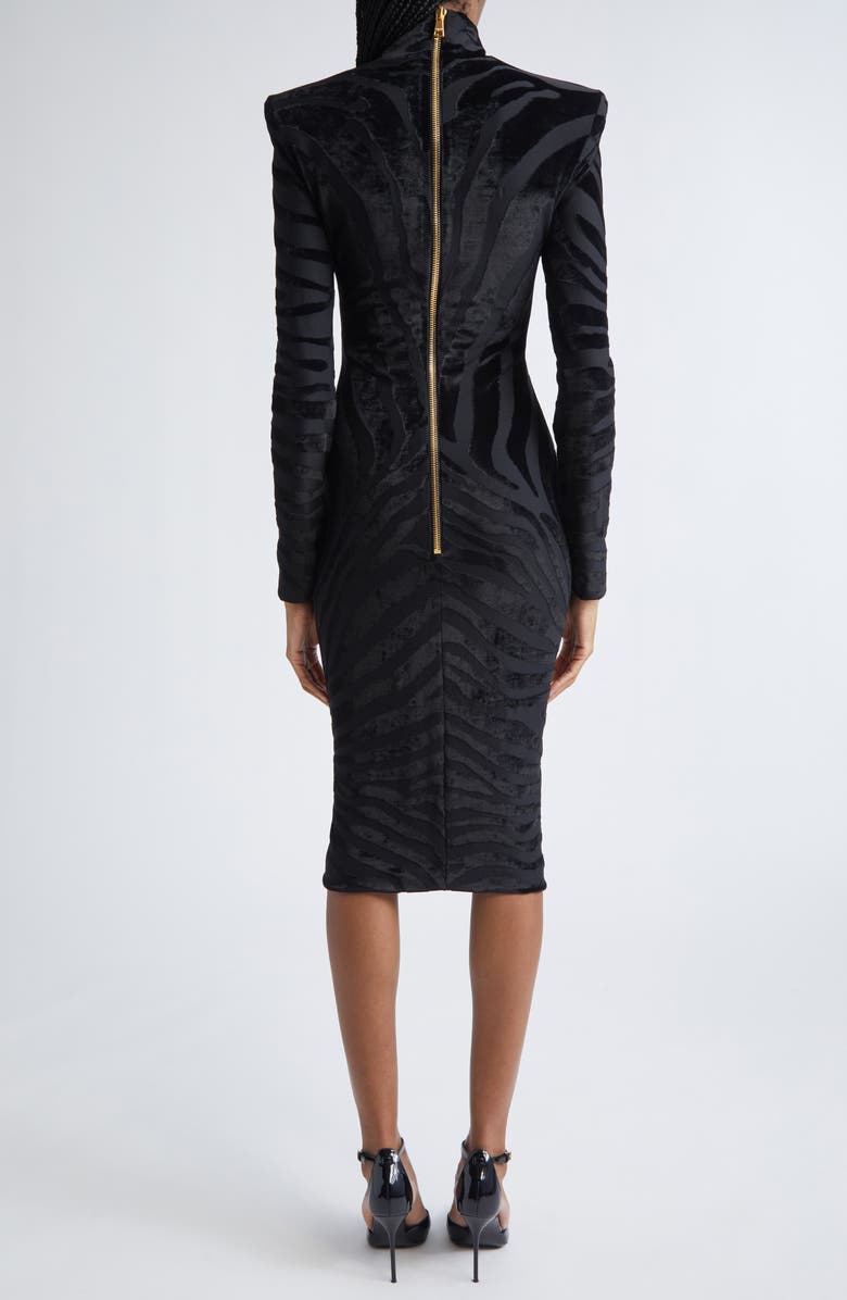 Balmain Zebra Stripe Long Sleeve Velvet Body-Con Dress, Alternate, color, 0Pa Black