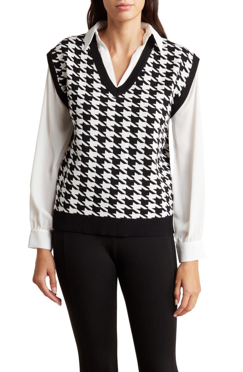 Adrianna Papell Jacquard Twofer Top, Main, color, Black Houndstooth W/ Ivory