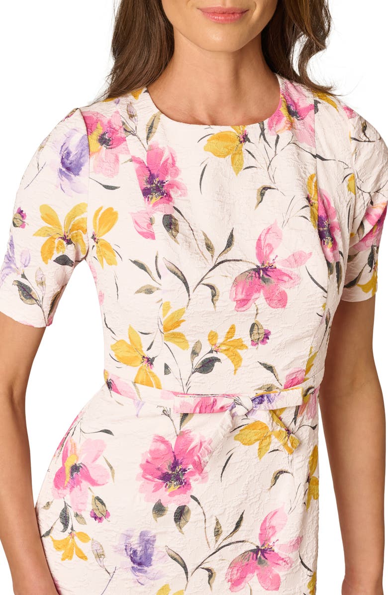 Adrianna Papell Floral Jacquard Bow Front Sheath Dress, Alternate, color, Blush Multi