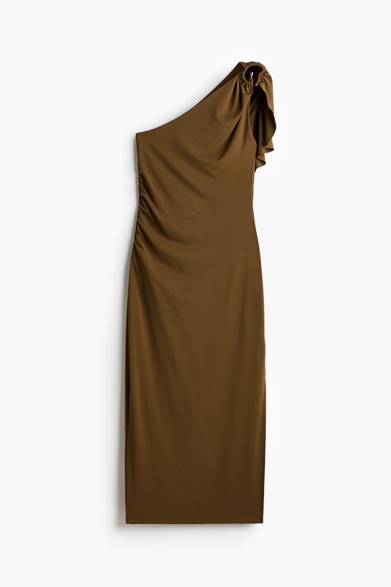Draped-panel One-shoulder Dress, Alternate, color, Dark khaki green