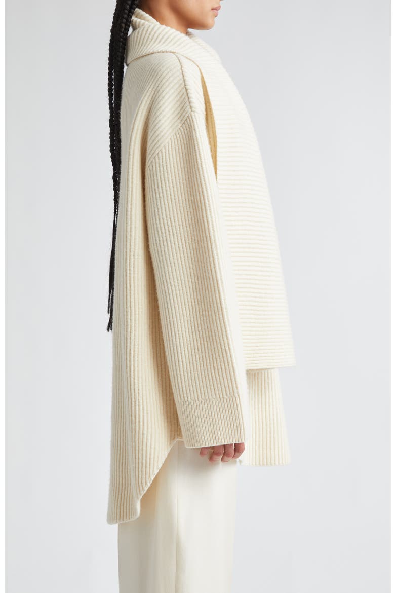 Draped Scarf Oversize Funnel Neck Wool Rib Sweater, Alternate, color, OFF WHITE