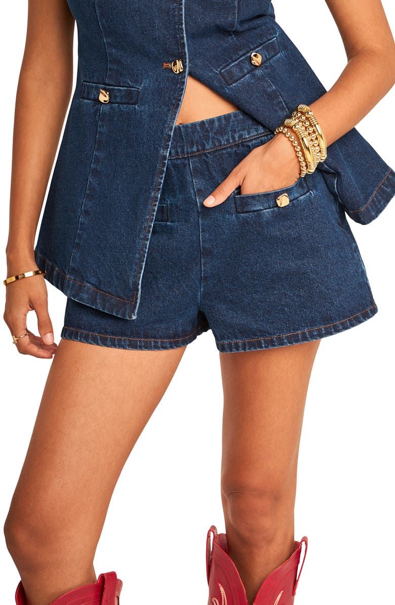 Endless Rose Welt Pocket Denim Shorts, Alternate, color, Denim