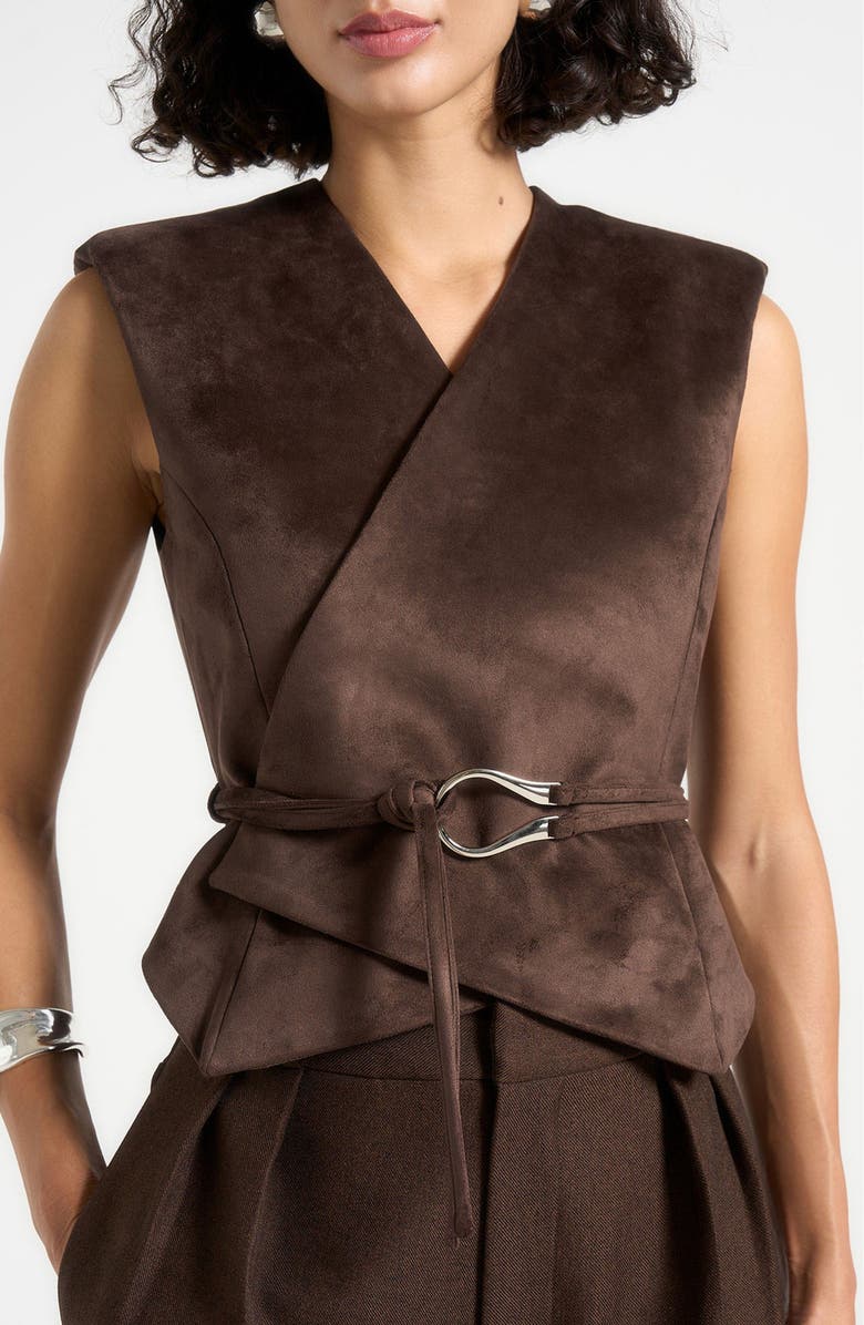Manière De Voir Jeanne Suede Wrap Waistcoat with Belt, Alternate, color, Brown