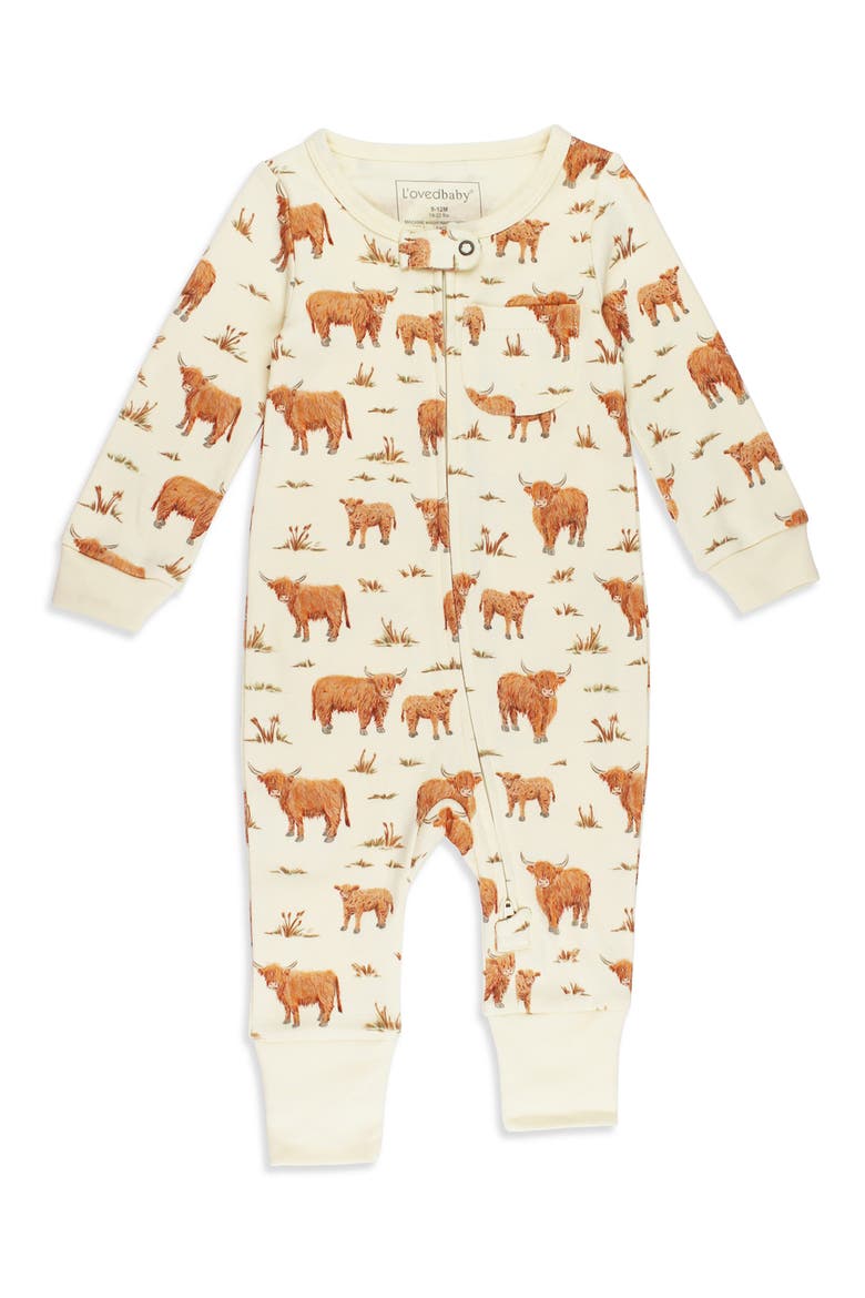 Print Organic Cotton Zip Romper, Main, color, HIGHLAND COW