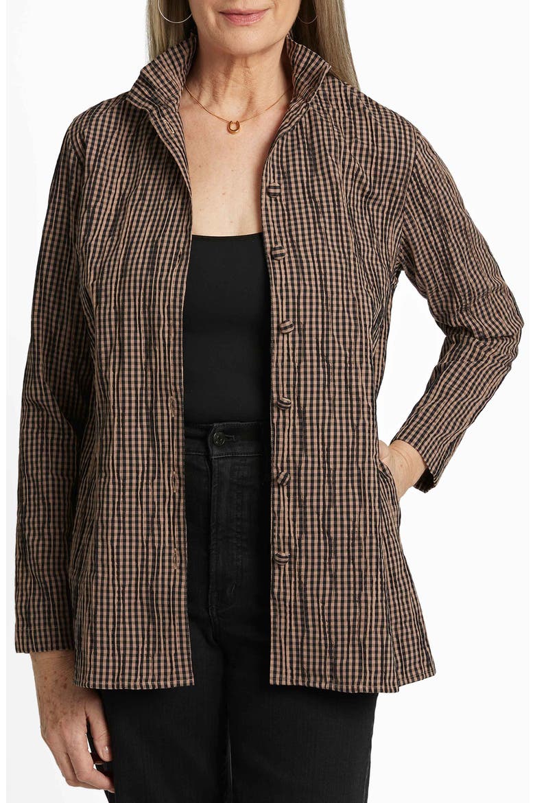Carolina Crinkled Gingham Cotton Blend Shirt Jacket, Main, color, ALMOND/ BLACK