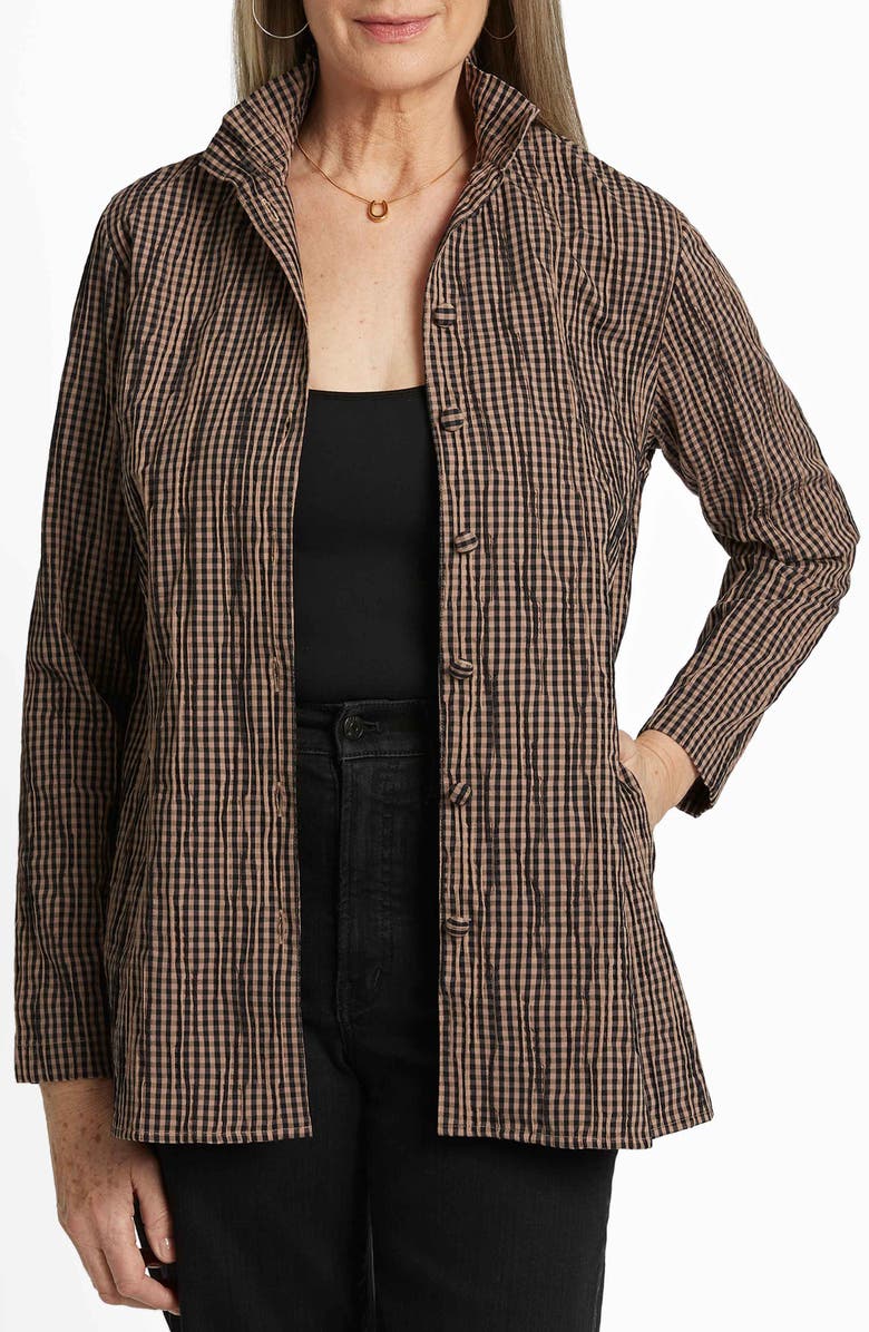 Foxcroft Carolina Crinkled Gingham Cotton Blend Shirt Jacket, Main, color, Almond/ Black