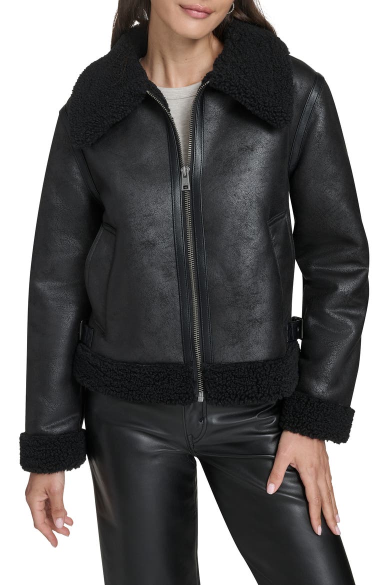 Faux Leather & Faux Shearling Bomber Jacket, Main, color, BLACK