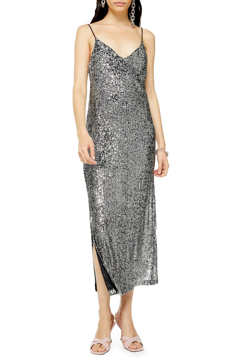 Topshop Sequin Midi Dress, Main, color,