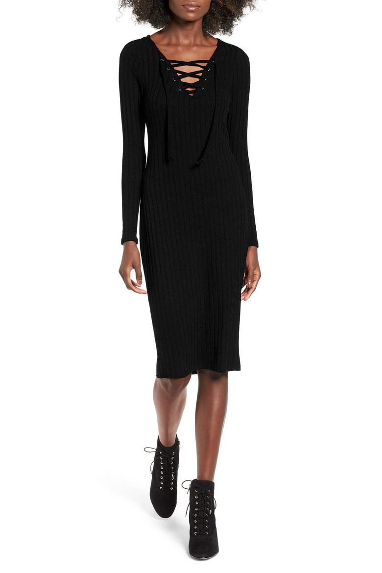 Lace-Up Rib Knit Dress, Main, color, BLACK