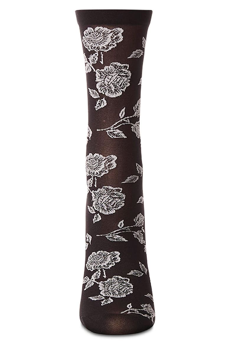 Floral Sheer Crew Socks, Alternate, color, BLACK