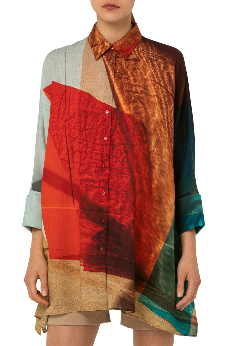 Akris Liquid Light Print Wool Mousseline Button-Up Tunic, Main, color, 