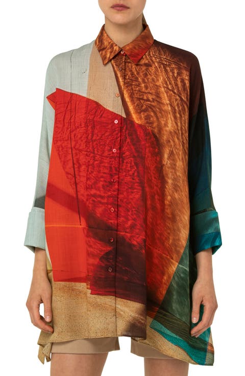 Liquid Light Print Wool Mousseline Button-Up Tunic