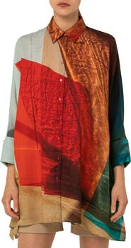 Akris Liquid Light Print Wool Mousseline Button-Up Tunic