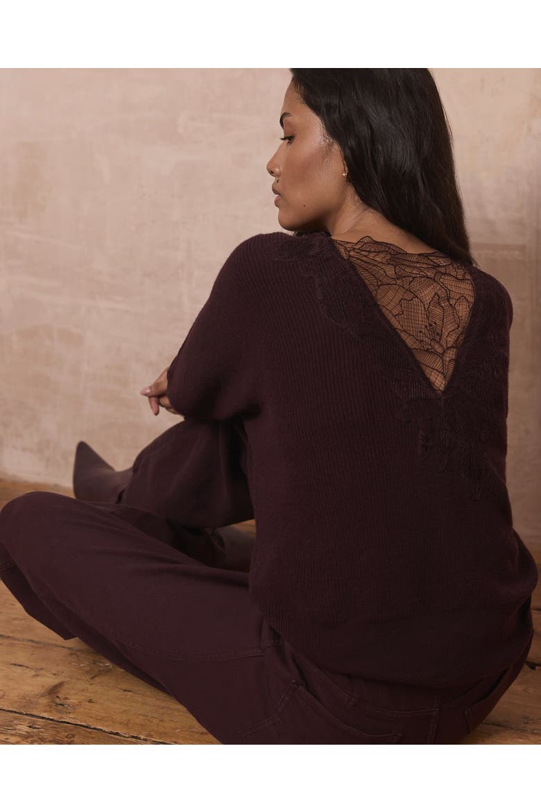 Lace Detail Jumper Pullover Sweater with Long Sleeve and Boat Neck, Alternate, color, Burgundy