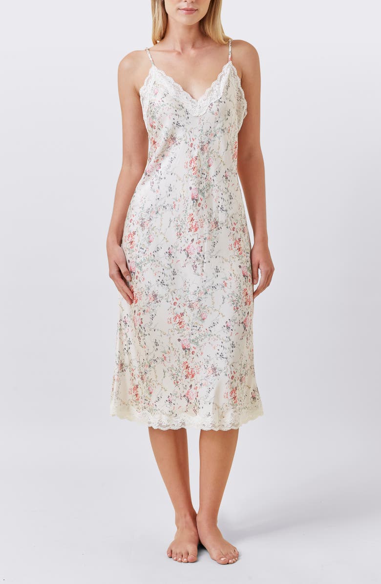 Papinelle Yolly Floral Satin Slip NIghtgown, Alternate, color, Ecru