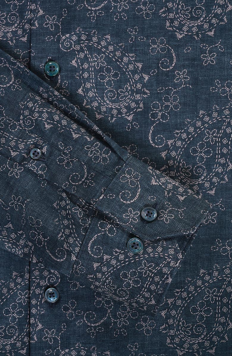Bugatchi Axel Trim Fit Paisley Stretch Cotton Button-Up Shirt, Alternate, color, Navy