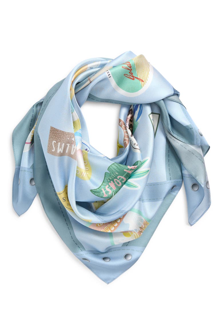 Travel Stickers Silk Square Scarf, Main, color, BLUE SHADOW