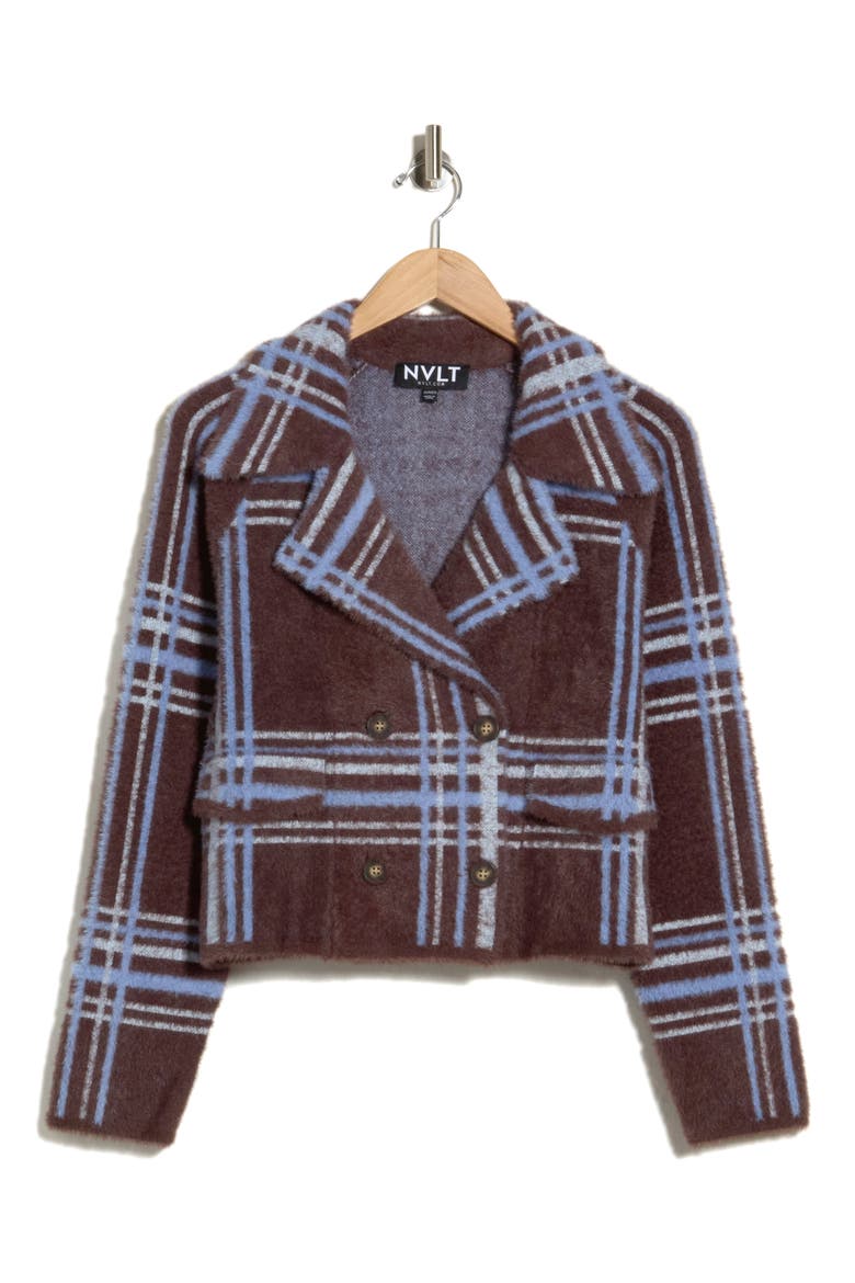 Plaid Double Breasted Sweater Jacket, Main, color, DARK CHOCOLATE PLAID