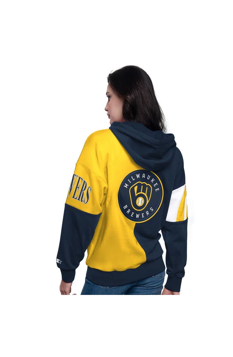 STARTER Women's Starter Navy/Gold Milwaukee Brewers Curve Ball Full Zip Hoodie Sweatshirt, Alternate, color, Navy