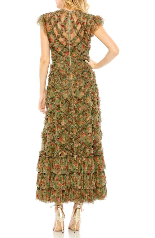 Mac Duggal Ruffle Midi-dress In Green Multi