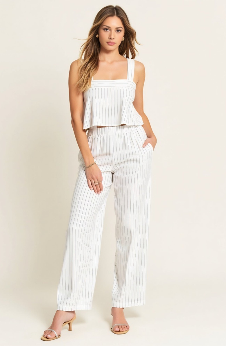 Modenaire Striped Open Back Crop Top and Wide Leg High Waist Pant Outfit Set, Alternate, color, White / Black Striped