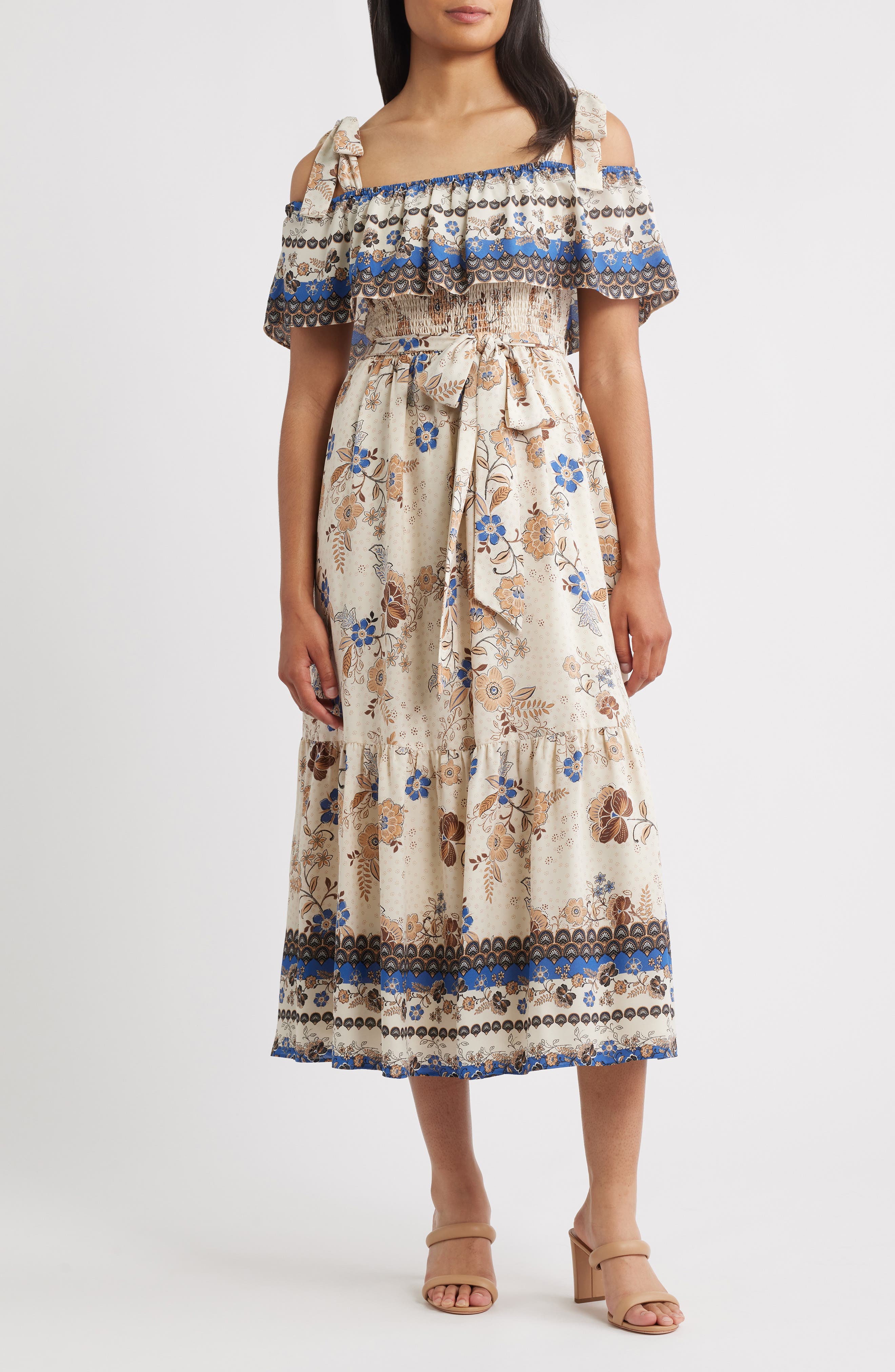 Off the Shoulder Mix Print Midi Dress