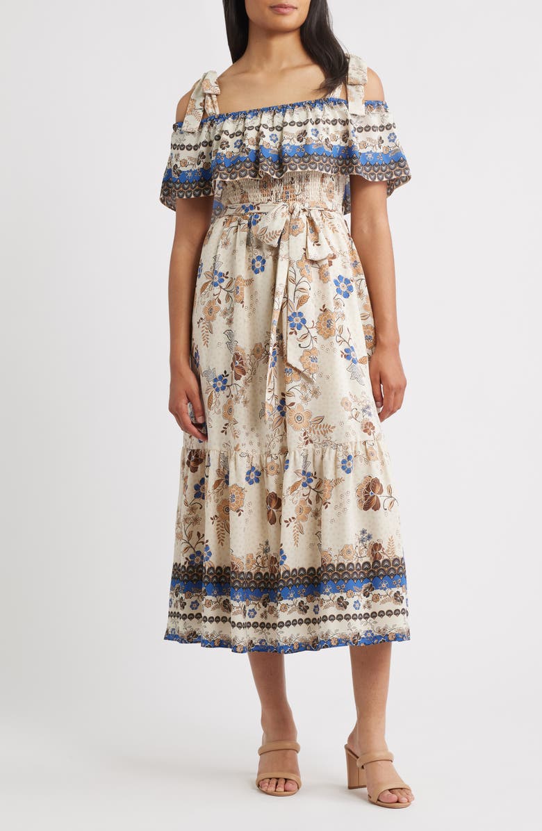 Anne Klein Off the Shoulder Mix Print Midi Dress, Main, color, Ivory Shell Multi