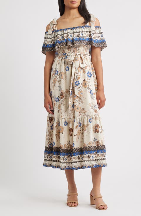 Off the Shoulder Mix Print Midi Dress