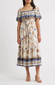 Anne Klein Off the Shoulder Mix Print Midi Dress