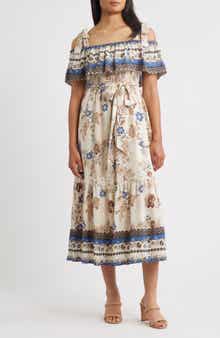 Off the Shoulder Mix Print Midi Dress