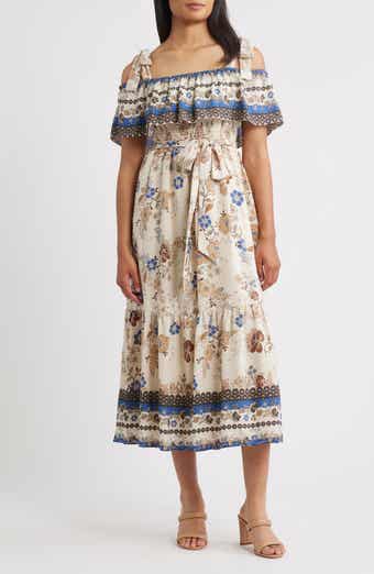 Off the Shoulder Mix Print Midi Dress