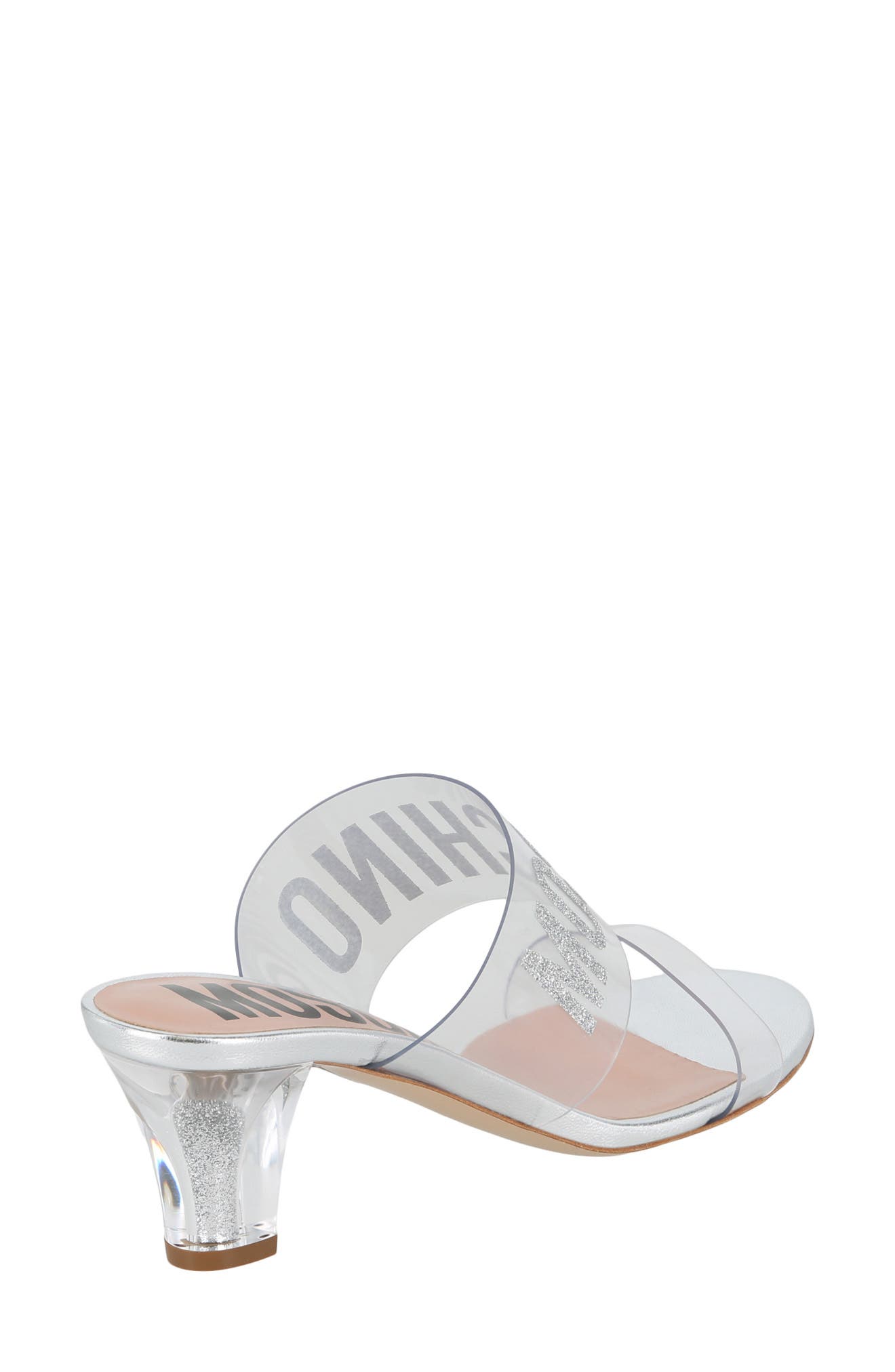 Moschino Glitter Logo Slide Sandal, Alternate, color, Transparent Silver