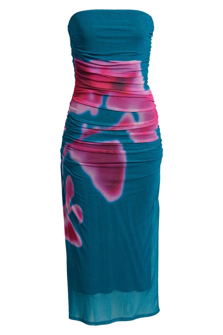 Ruched Strapless Mesh Dress, Alternate, color, TEAL- PINK BLURRY FLORAL