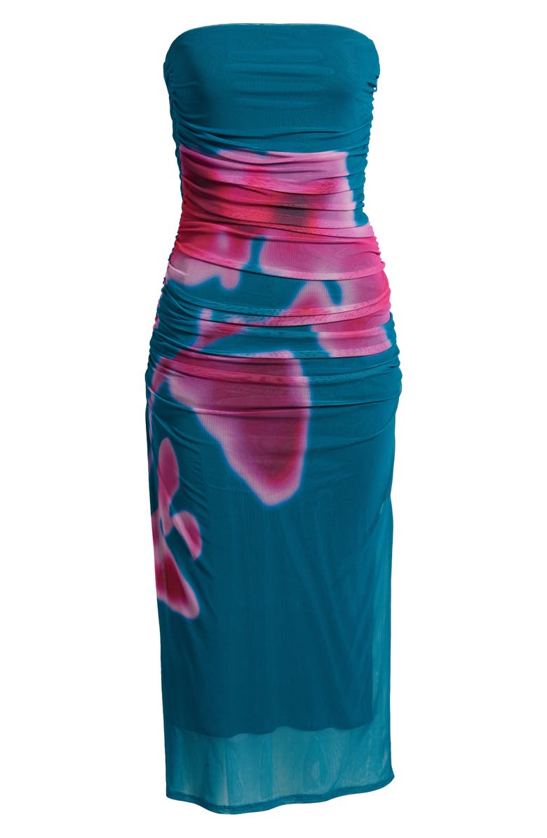 Open Edit Ruched Strapless Mesh Dress, Alternate, color, Teal- Pink Blurry Floral