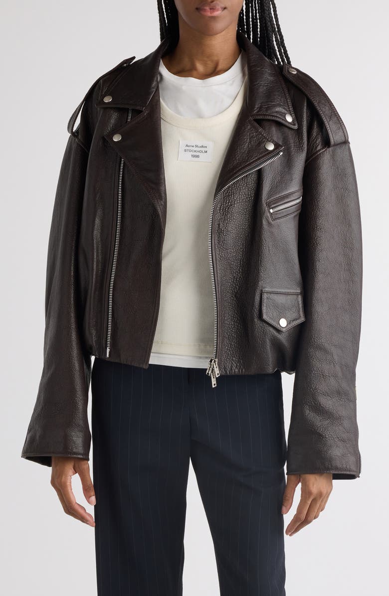 Acne Studios Liso Leather Crop Moto Jacket, Main, color, Dark Brown