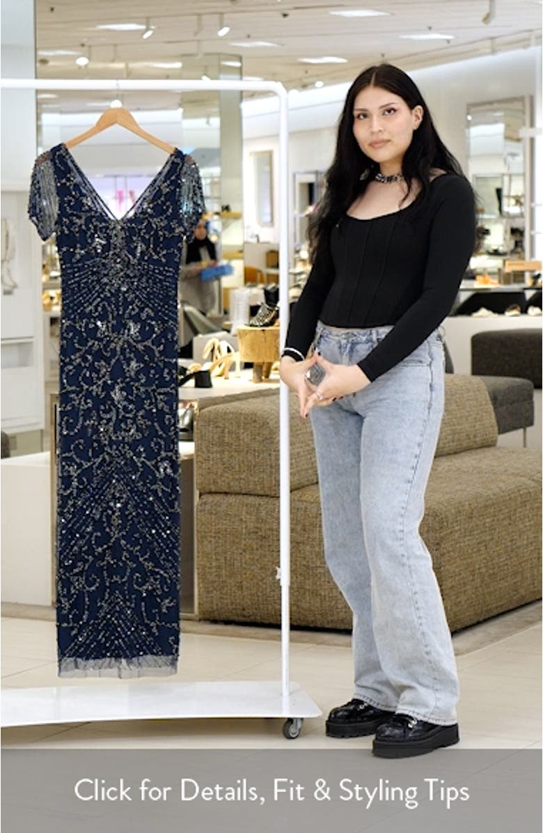 Beaded Mesh Column Gown