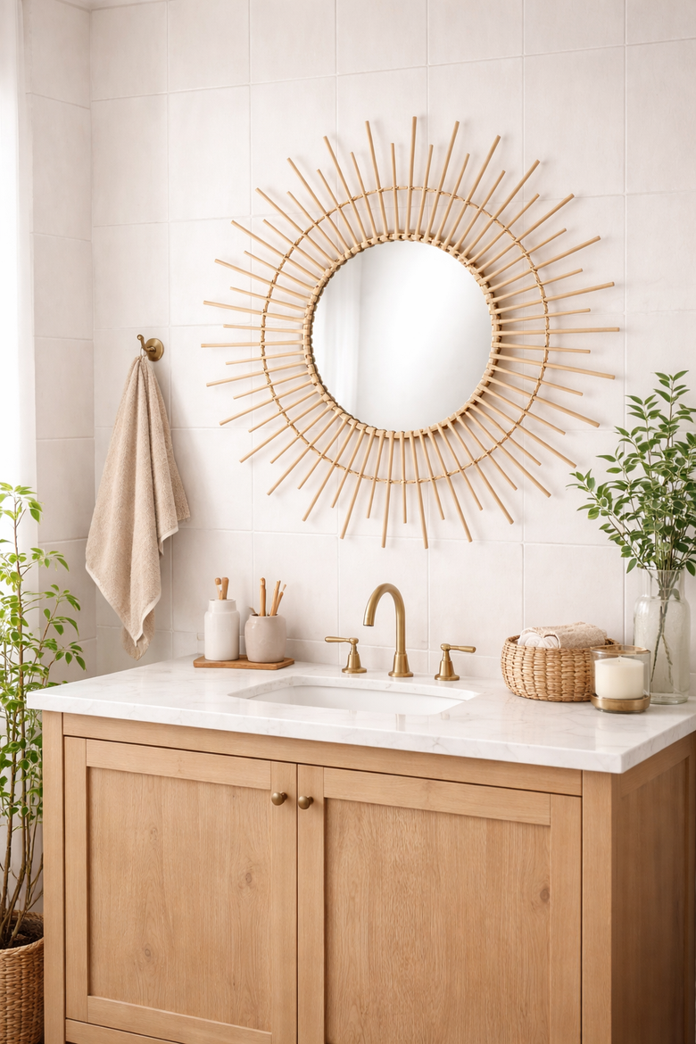 Willow Sunburst Mirror, Decorative Natural Fiber Round Wall Mirror, Alternate, color, Gold