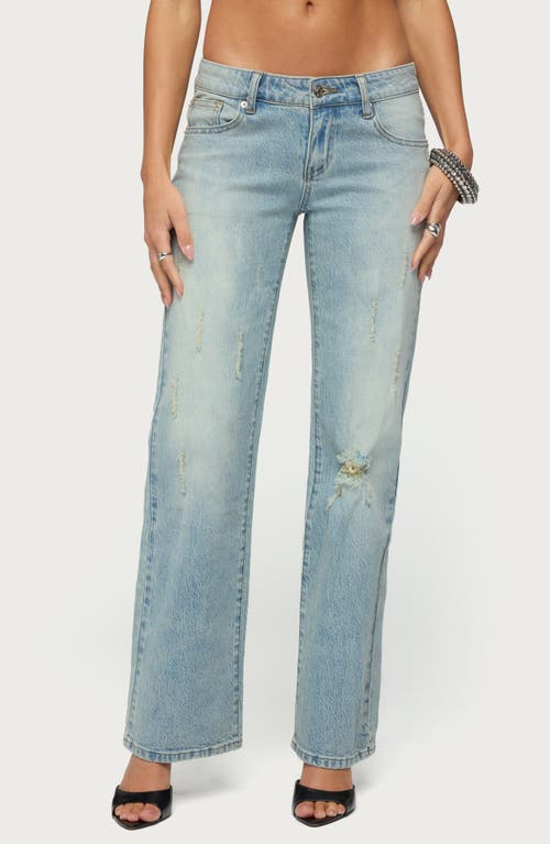 EDIKTED Lainie Distressed Low Rise Bootcut Jeans in Medium-Distressed-Wash-Blue at Nordstrom